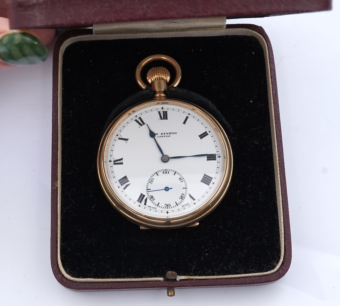 A George V 9ct gold J. W. Benson open faced keyless pocket watch